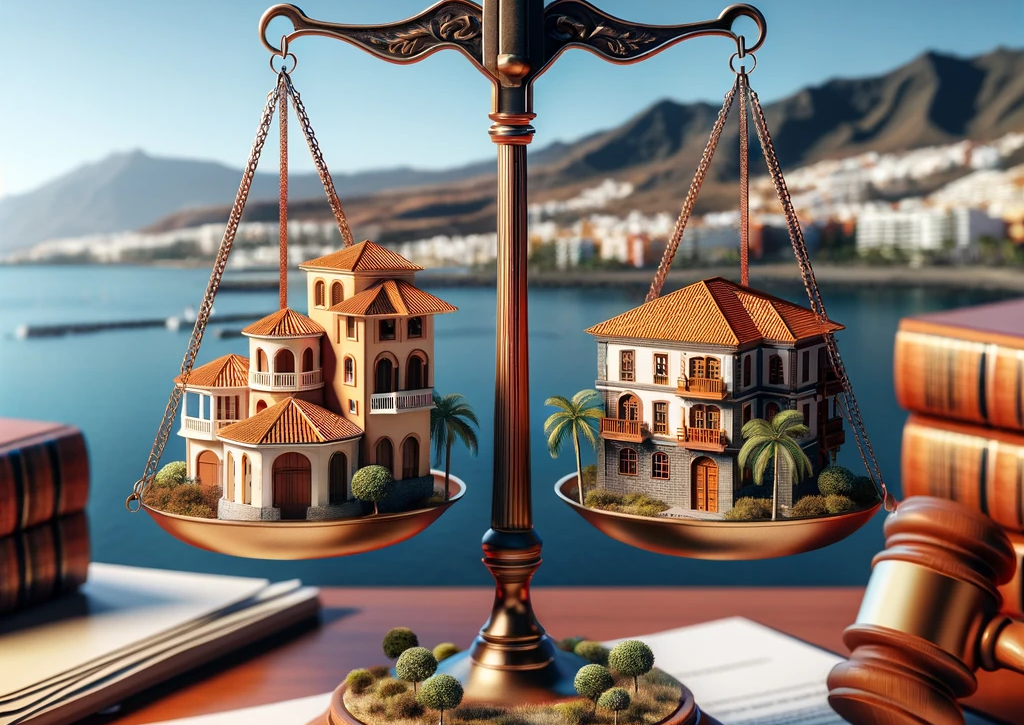 imágenes que representan el concepto de lanzamientos legales en el contexto inmobiliario de Tenerife, combinando una balanza de la justicia con elementos que representan propiedades inmobiliarias en un entorno que sugiere Tenerife